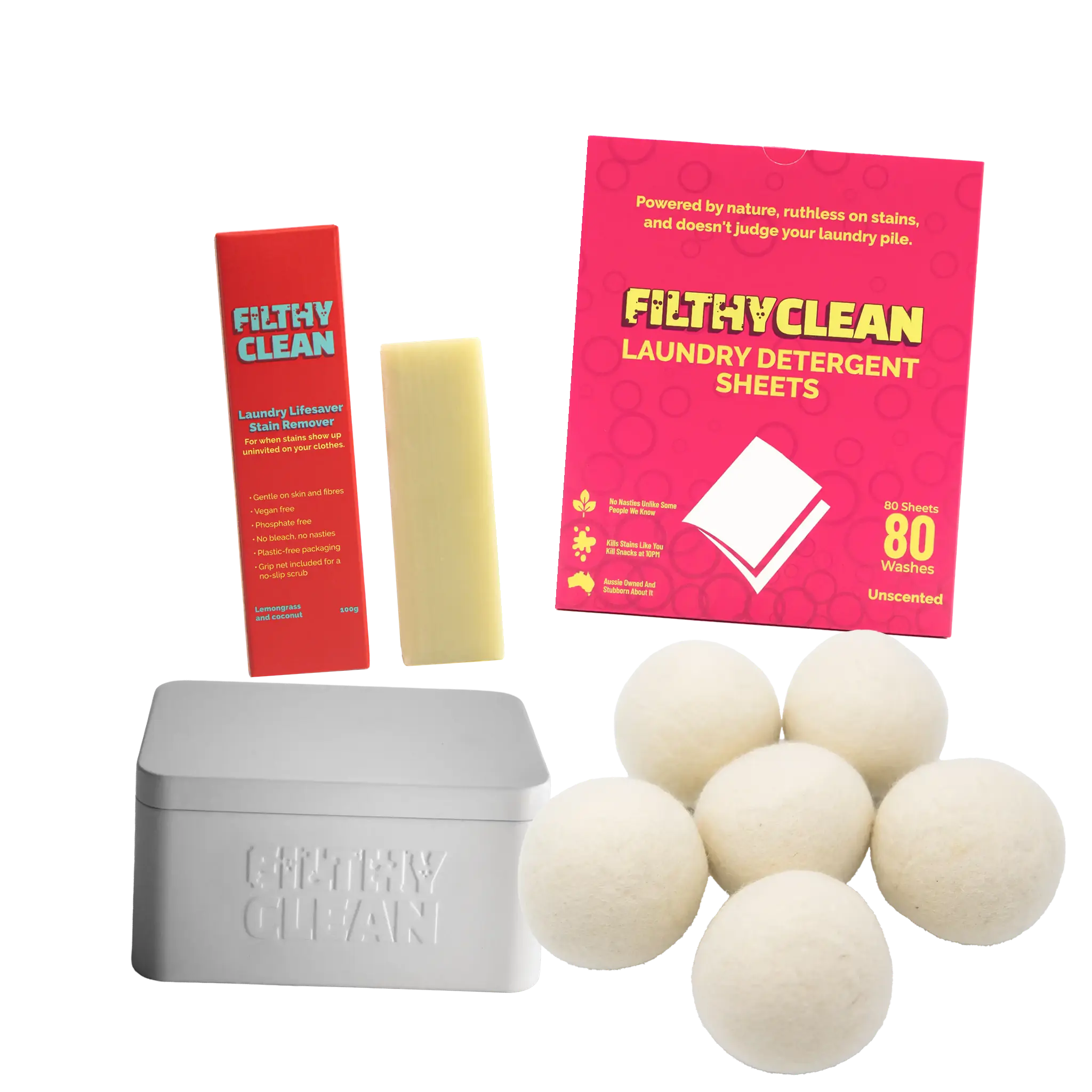 Filthy Clean Laundry Pack Fragrance Free: laundry sheets, stain remover bar, dryer balls, Sheet Tin