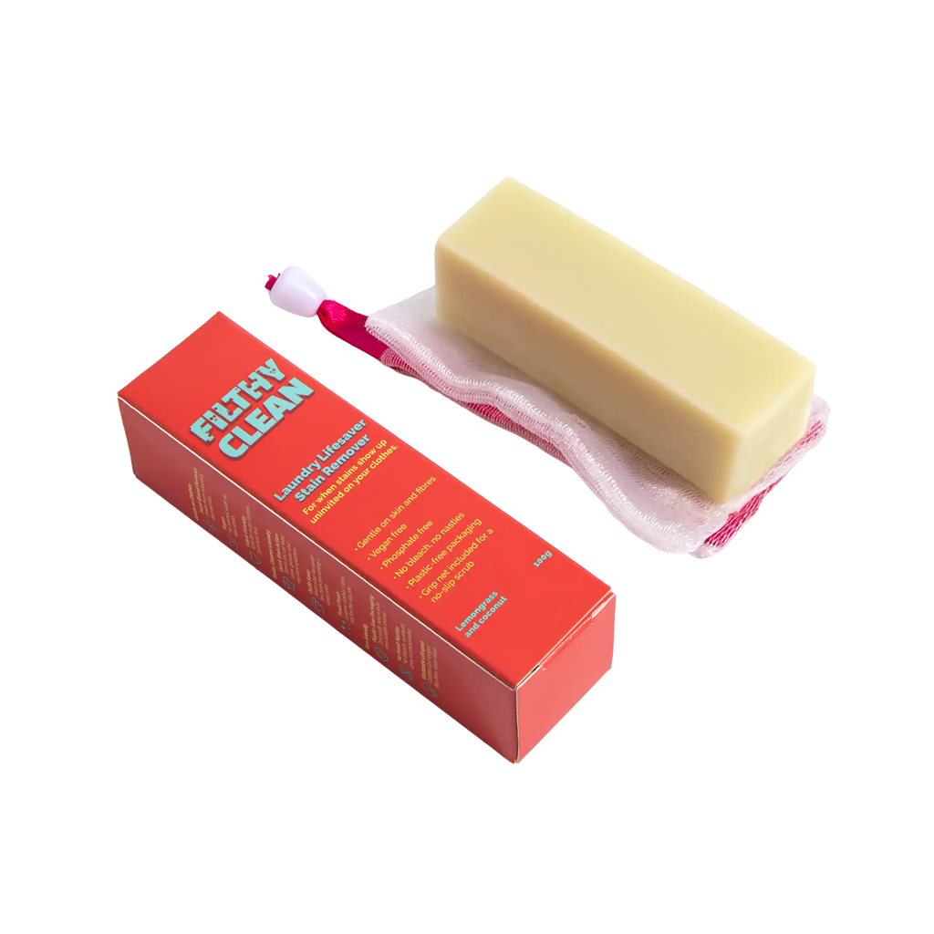 Stain remover soap bar with a grip net for no slip scrubbing