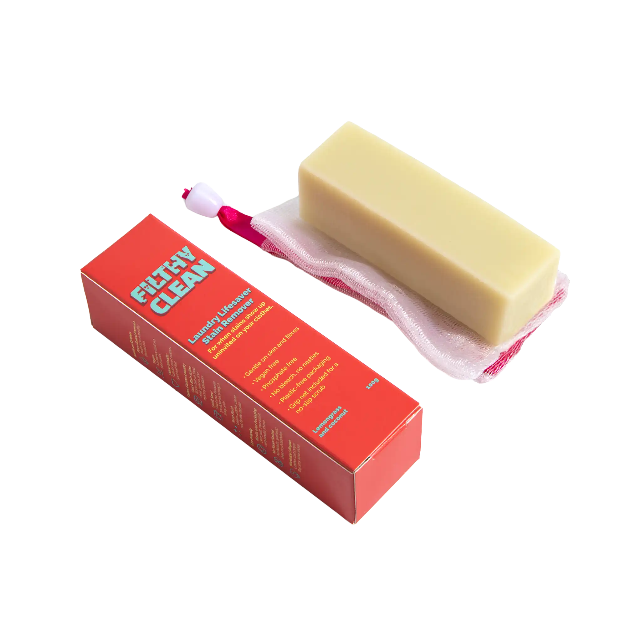 Stain remover soap bar with a grip net for no slip scrubbing