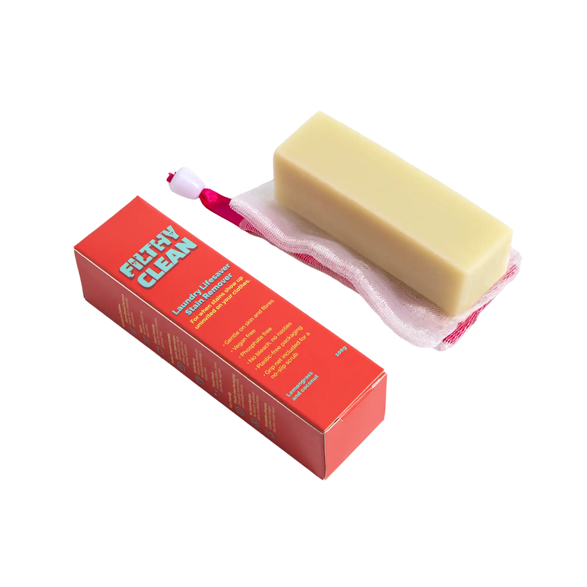 Stain remover soap bar with a grip net for no slip scrubbing